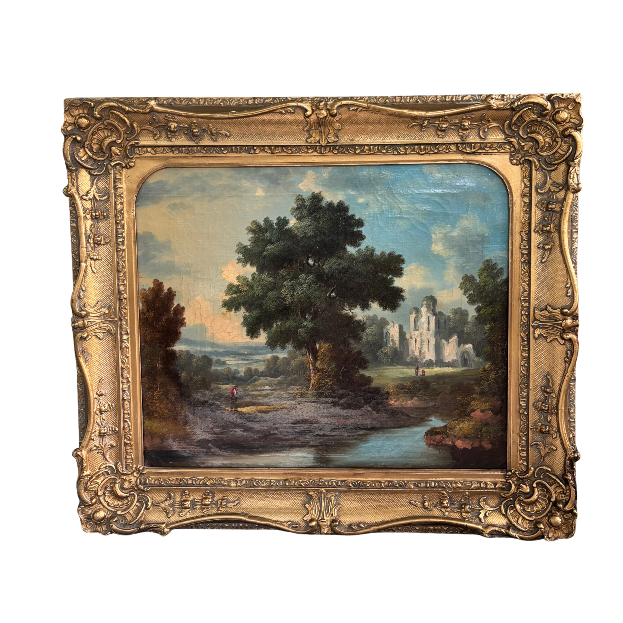 Large Antique European Ruins Landscape Oil Painting, Free Shipping