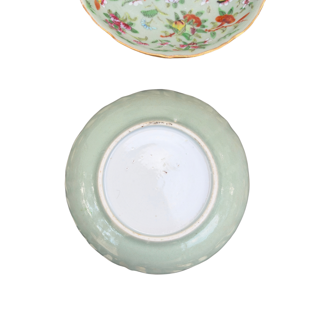 Pair of Antique Chinese Celadon Famille Rose Saucers
