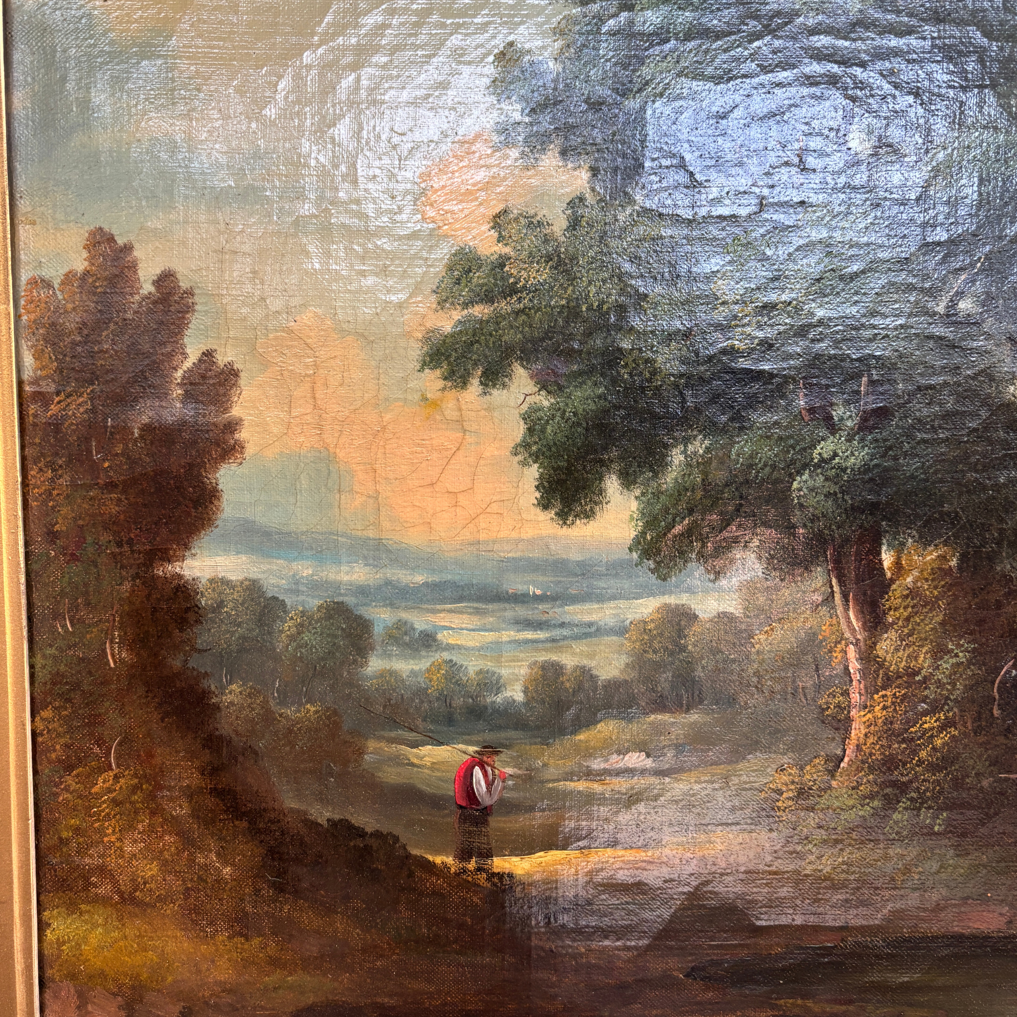 Large Antique European Ruins Landscape Oil Painting, Free Shipping