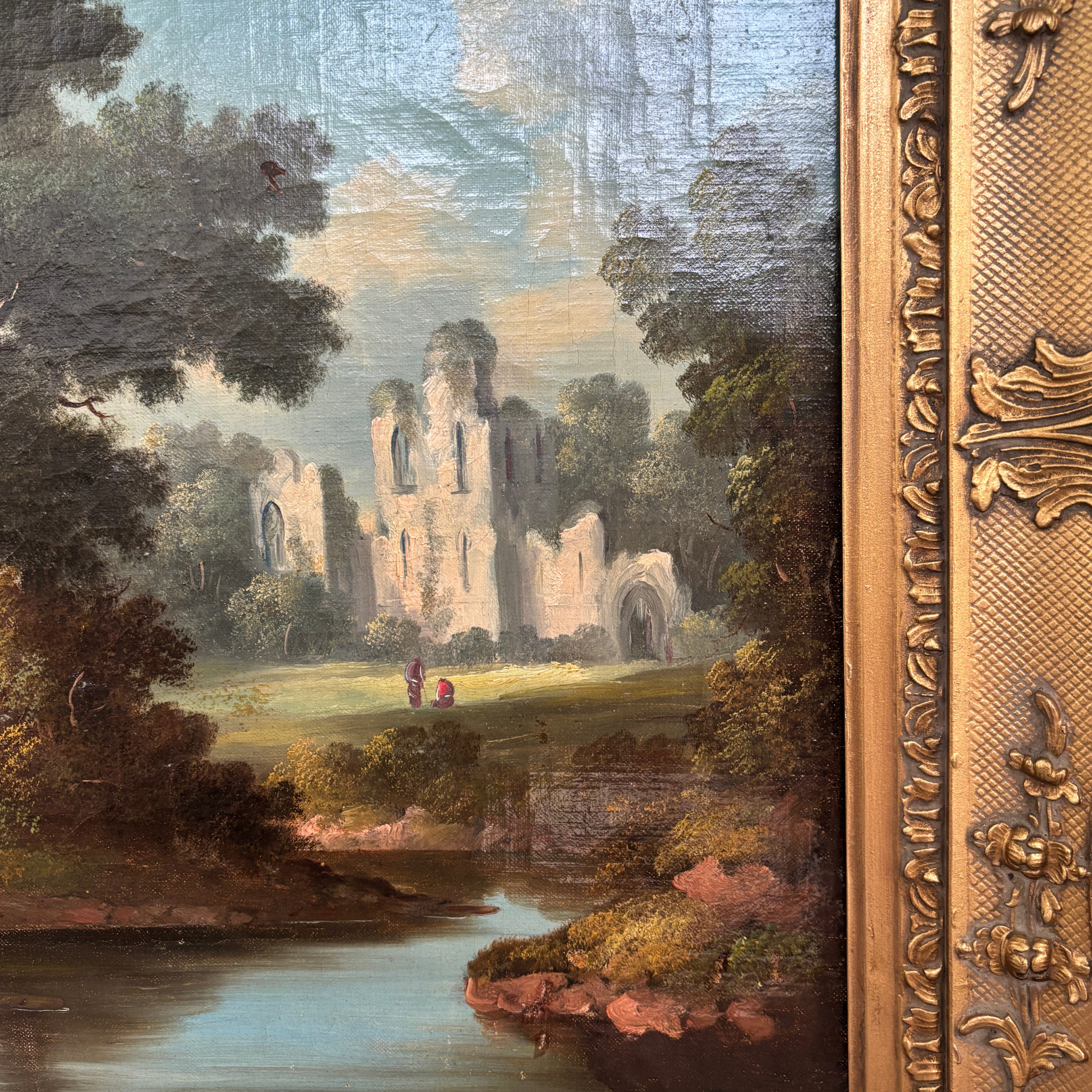 Large Antique European Ruins Landscape Oil Painting, Free Shipping