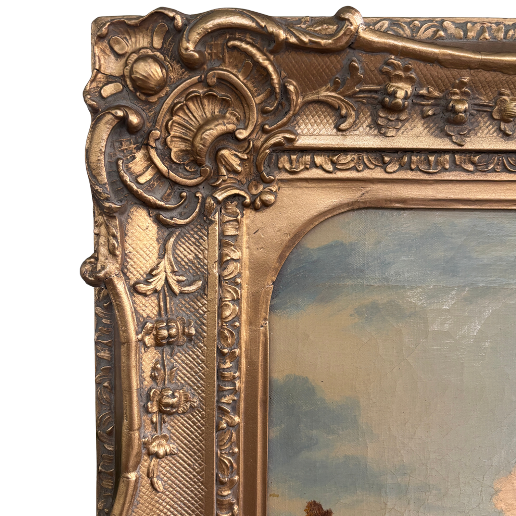 Large Antique European Ruins Landscape Oil Painting, Free Shipping