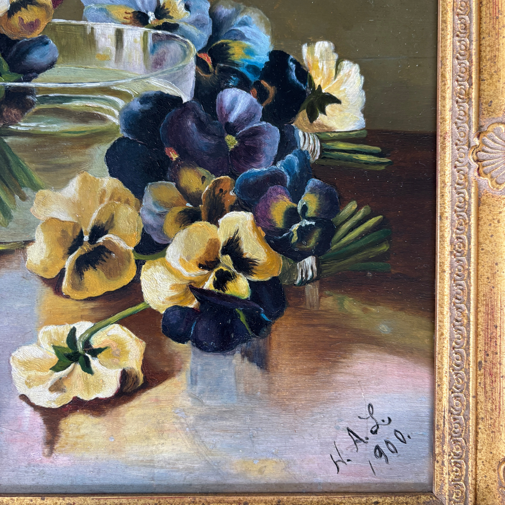 Antique Pansies Still Life Oil Painting