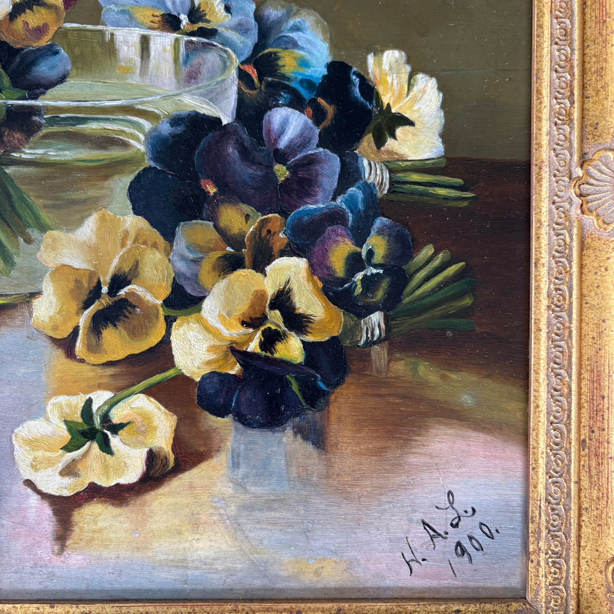 Antique Pansies Still Life Oil Painting