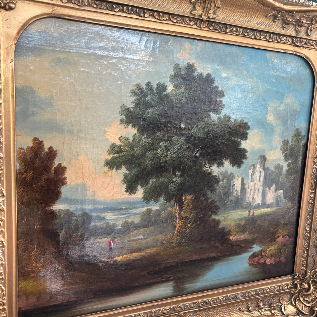 Large Antique European Ruins Landscape Oil Painting, Free Shipping