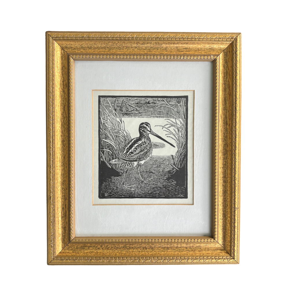 Johannes Larsen Black & White Snipe Woodcut Print