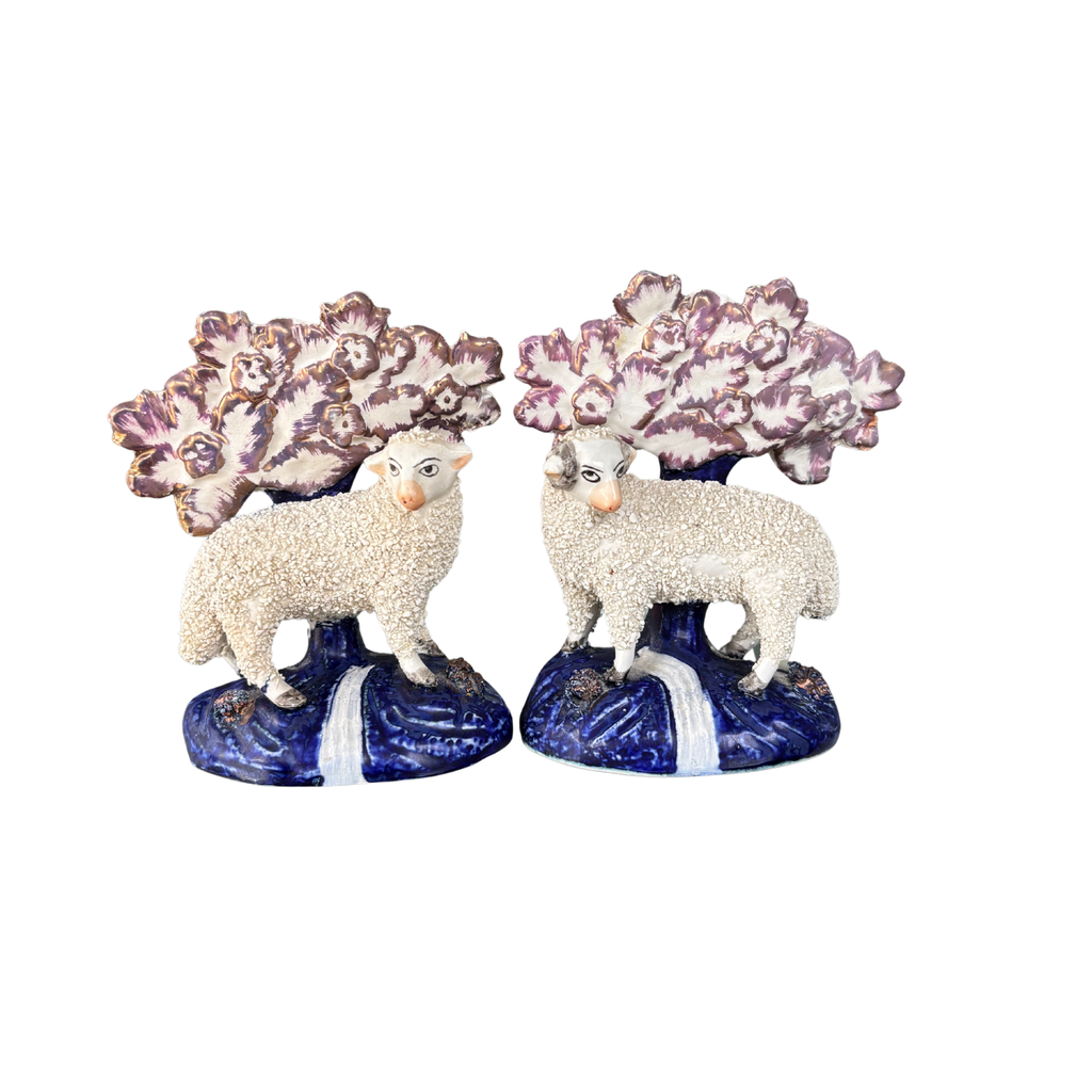 Early Vintage English Staffordshire Sheep Figurines, Pair