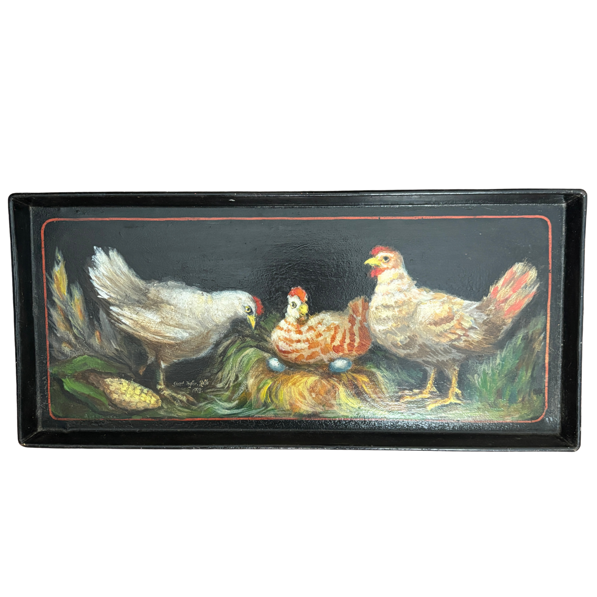 Contemporary Handpainted Chickens on Metal Tray by Stuart Taylor Rabb