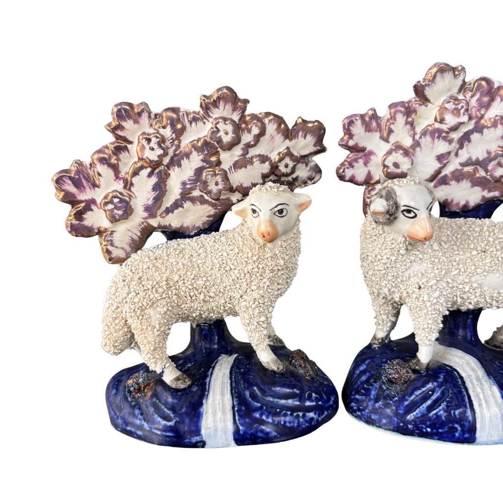 Early Vintage English Staffordshire Sheep Figurines, Pair
