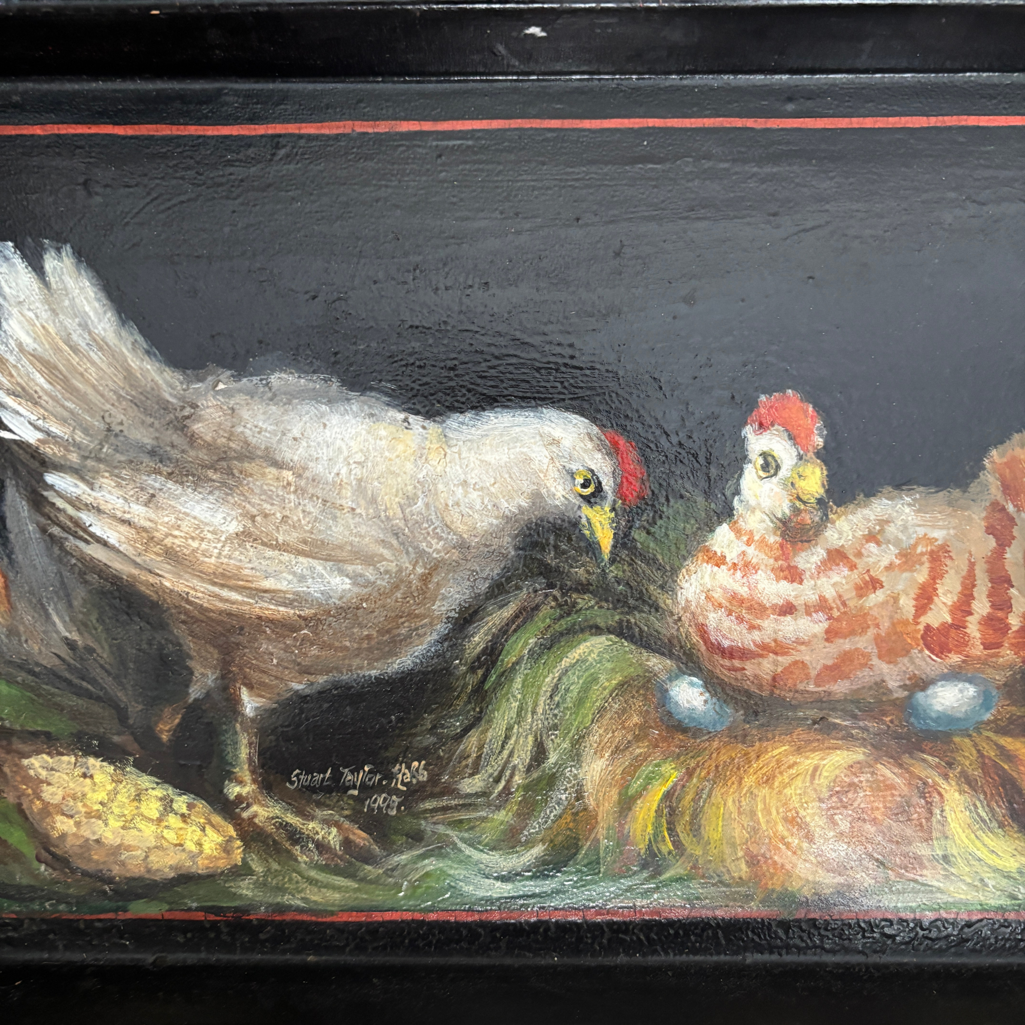 Contemporary Handpainted Chickens on Metal Tray by Stuart Taylor Rabb