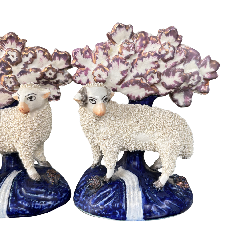 Early Vintage English Staffordshire Sheep Figurines, Pair