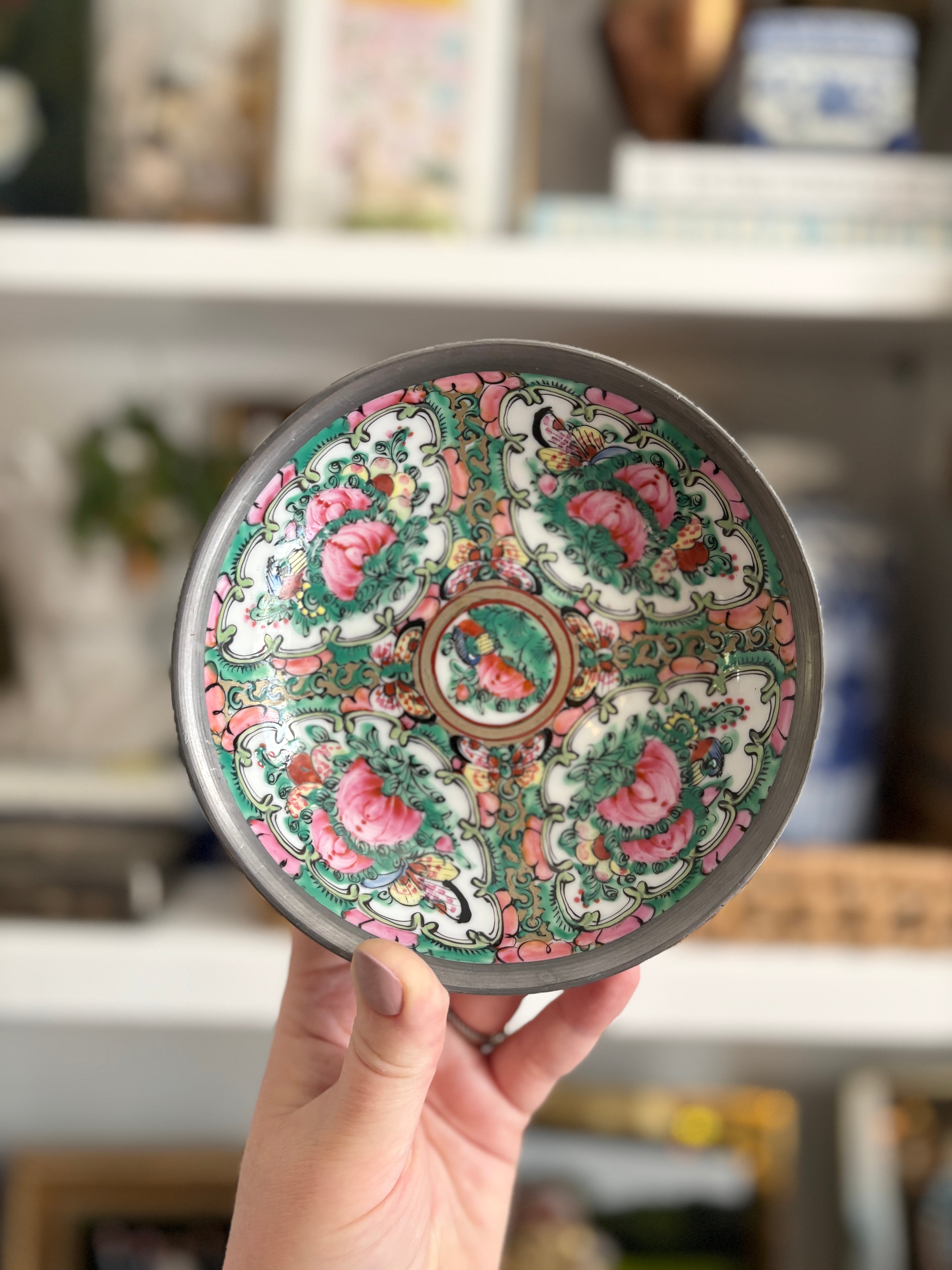 Pewter Encased Rose Canton Dish