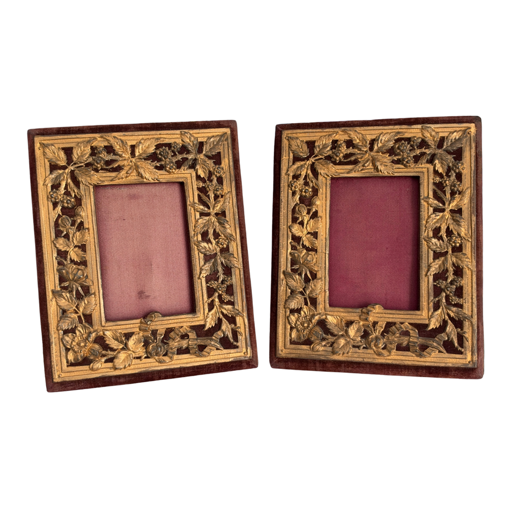 Antique French Gilt Metal & Velvet Photo Frames