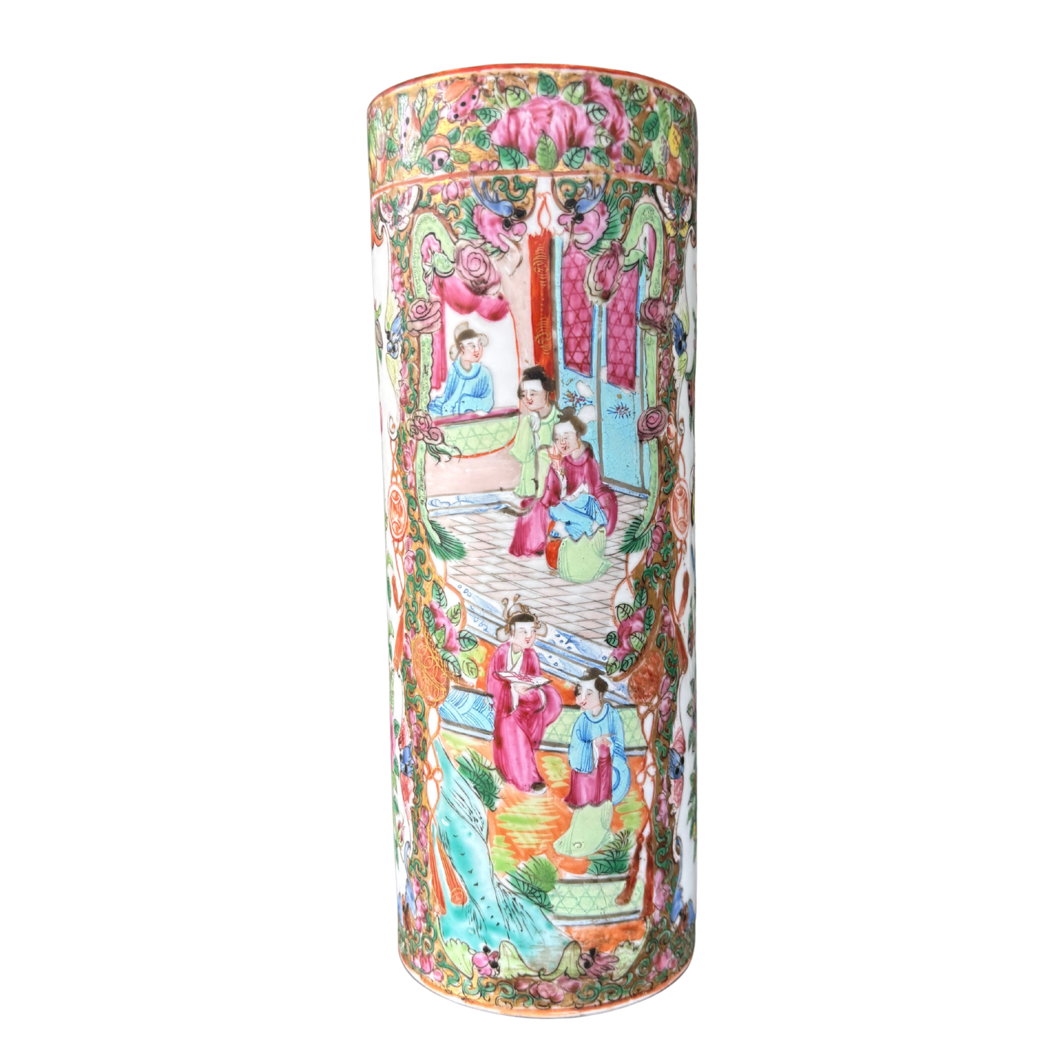 Antique Rose Medallion Cylindrical Vase