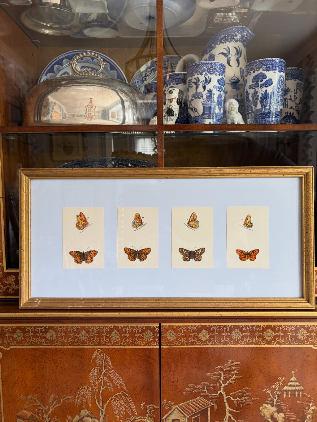 Antique Butterfly Engravings, Light Blue Mat, Vintage Frame