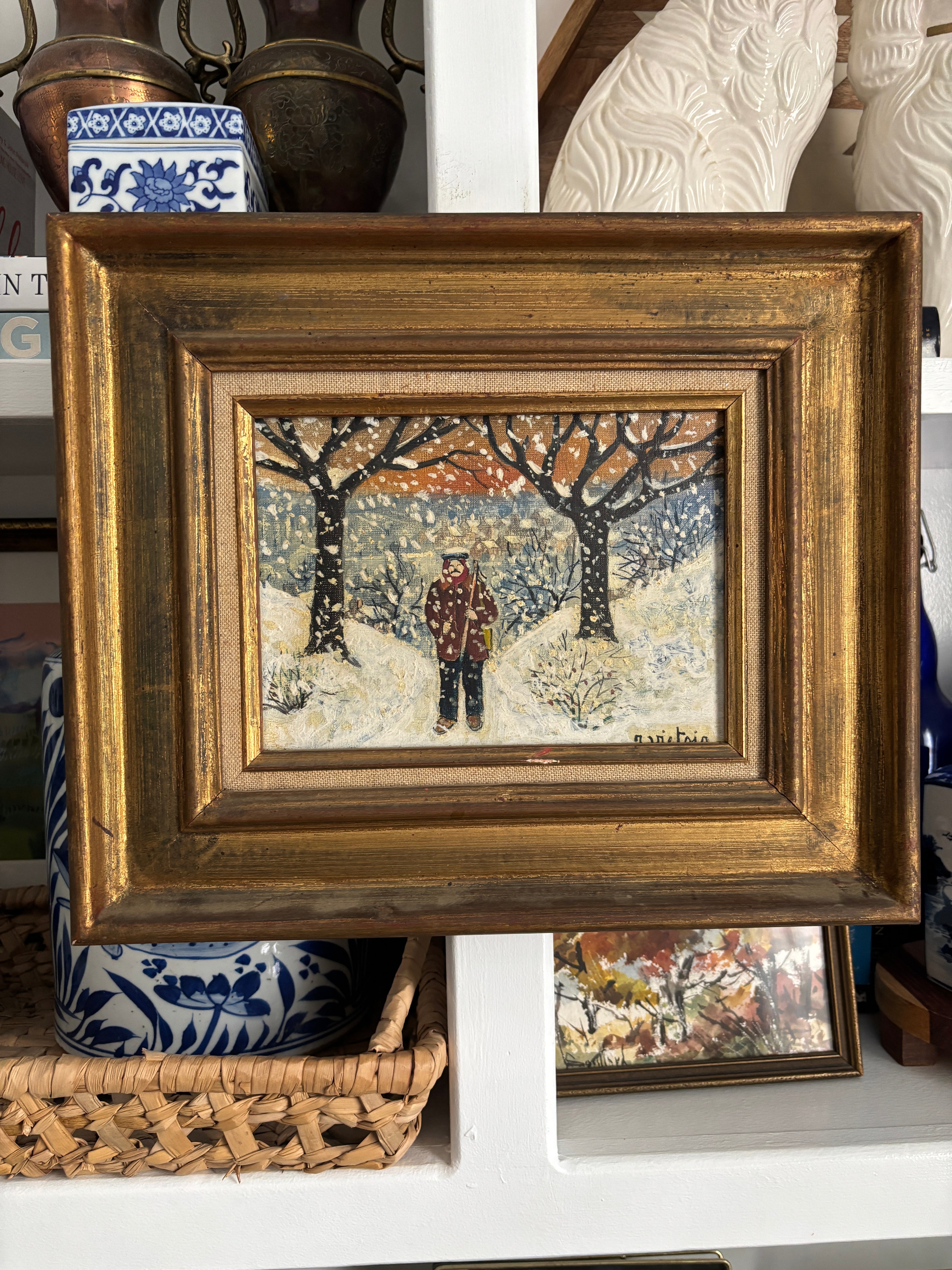 Vintage oil painting, man in winter