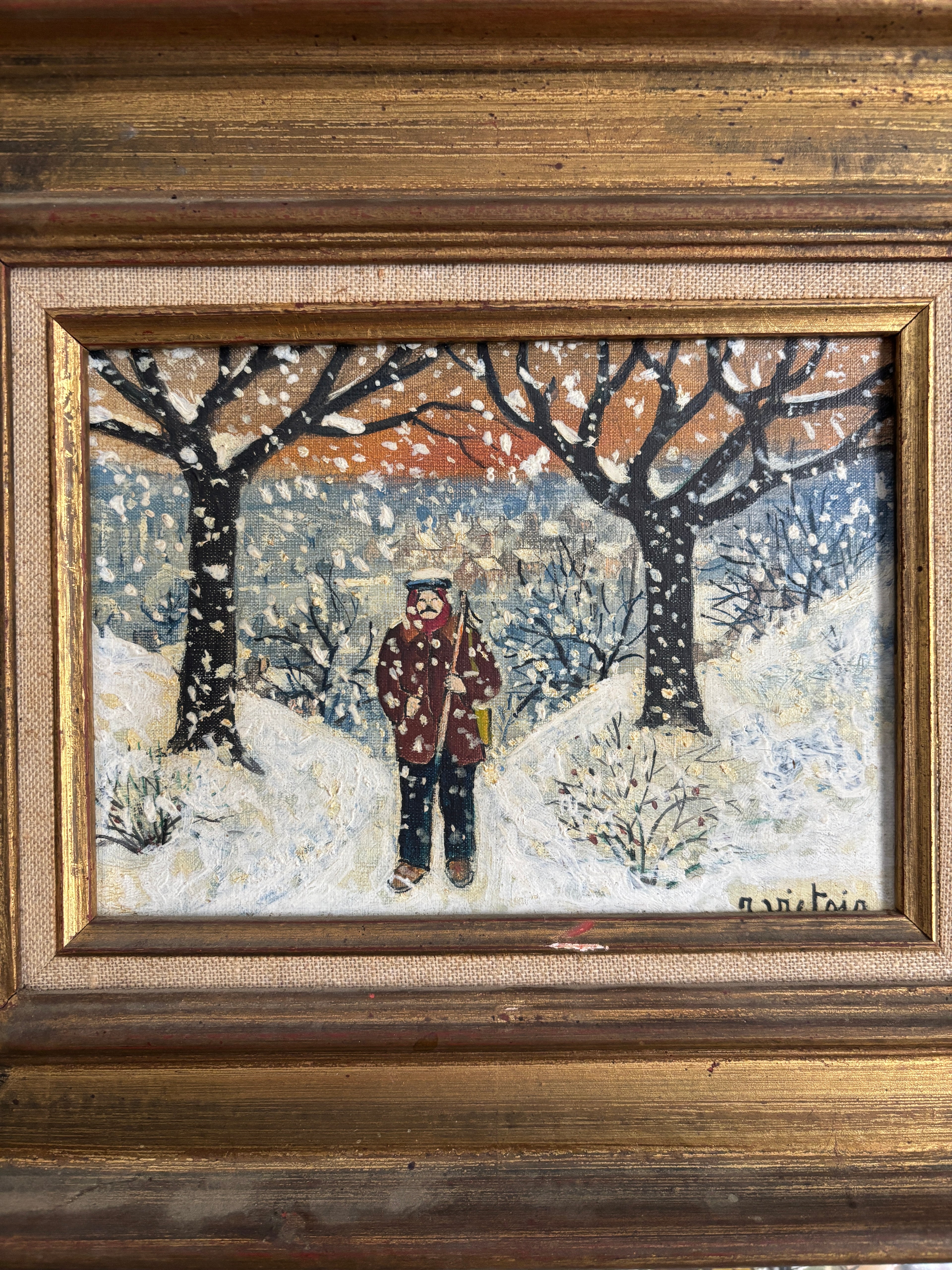 Vintage oil painting, man in winter