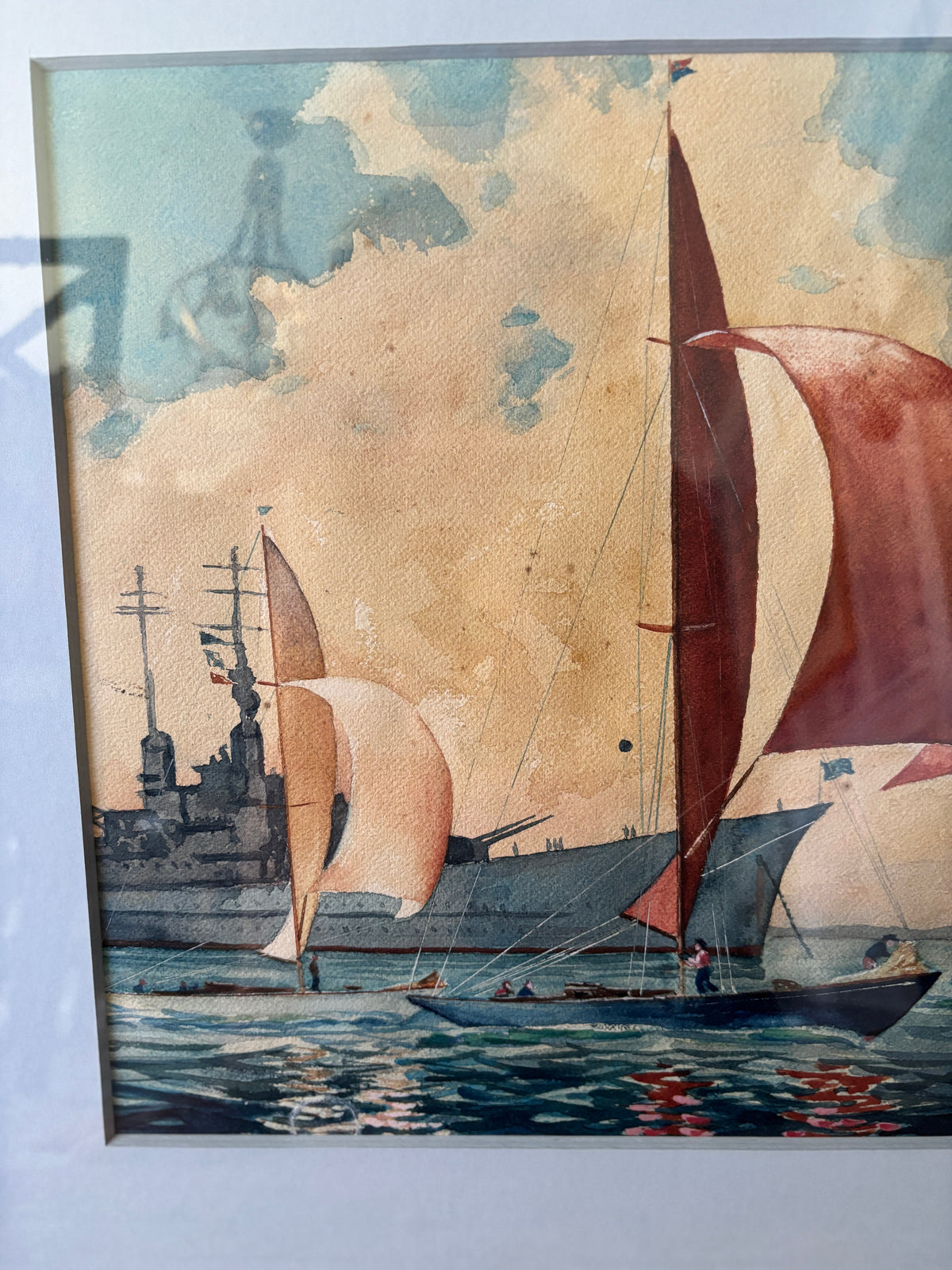 Vintage Original Watercolor of a Yacht Regatta