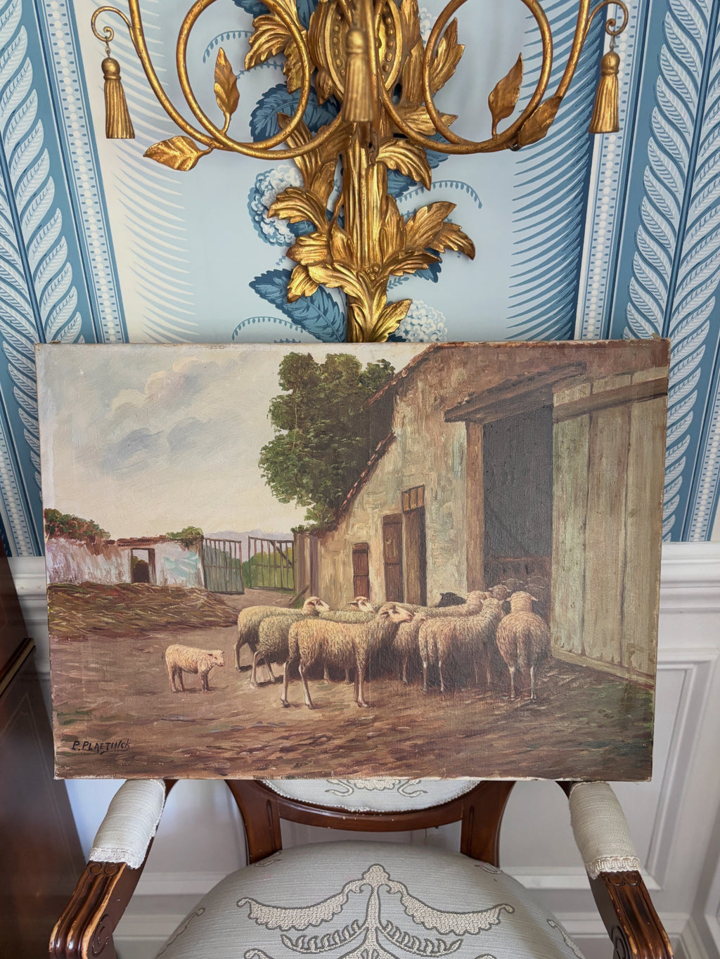 Early 20th century pastoral sheep oil painting