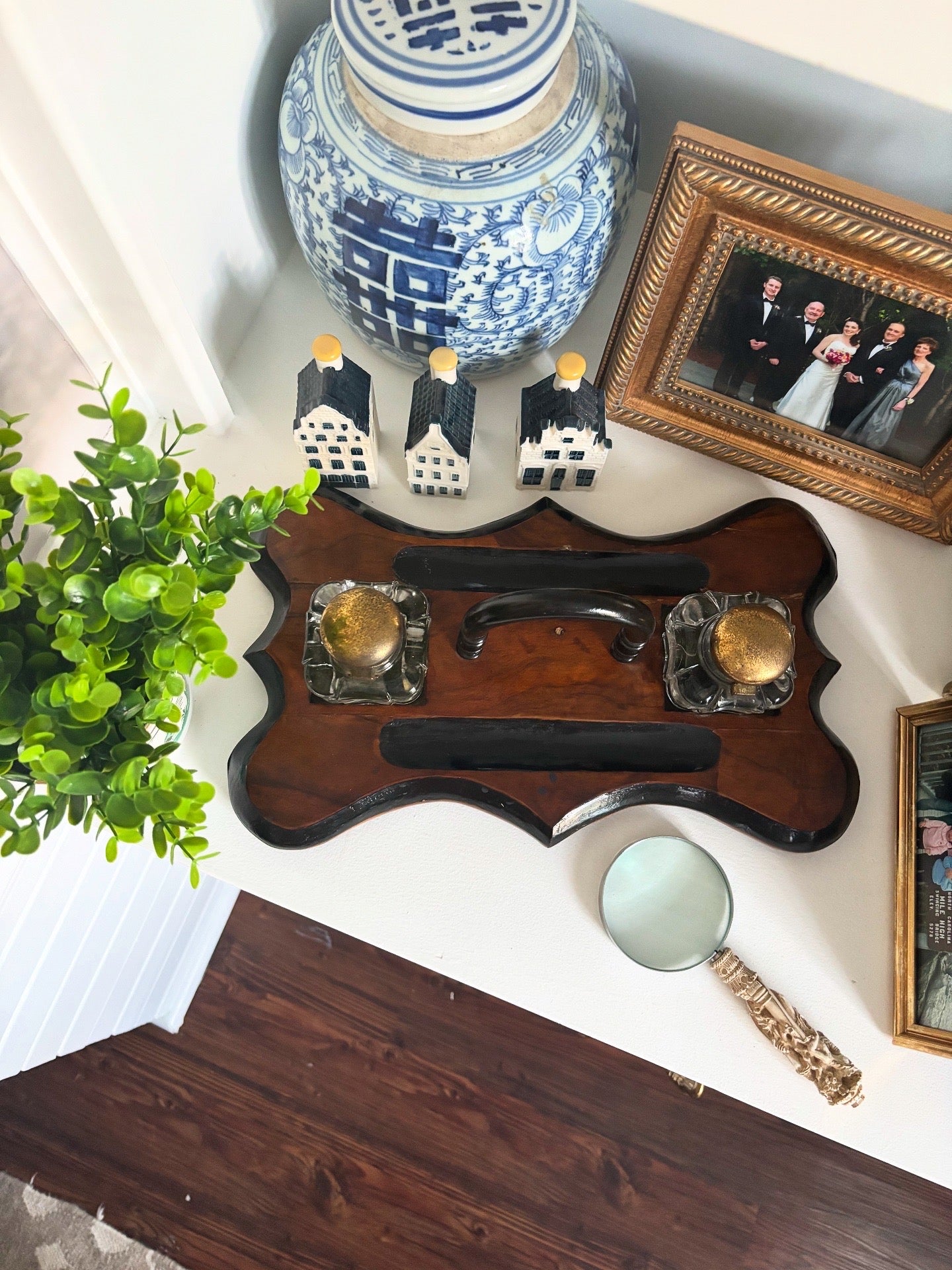 Antique Walnut & Brass Double Inkwell