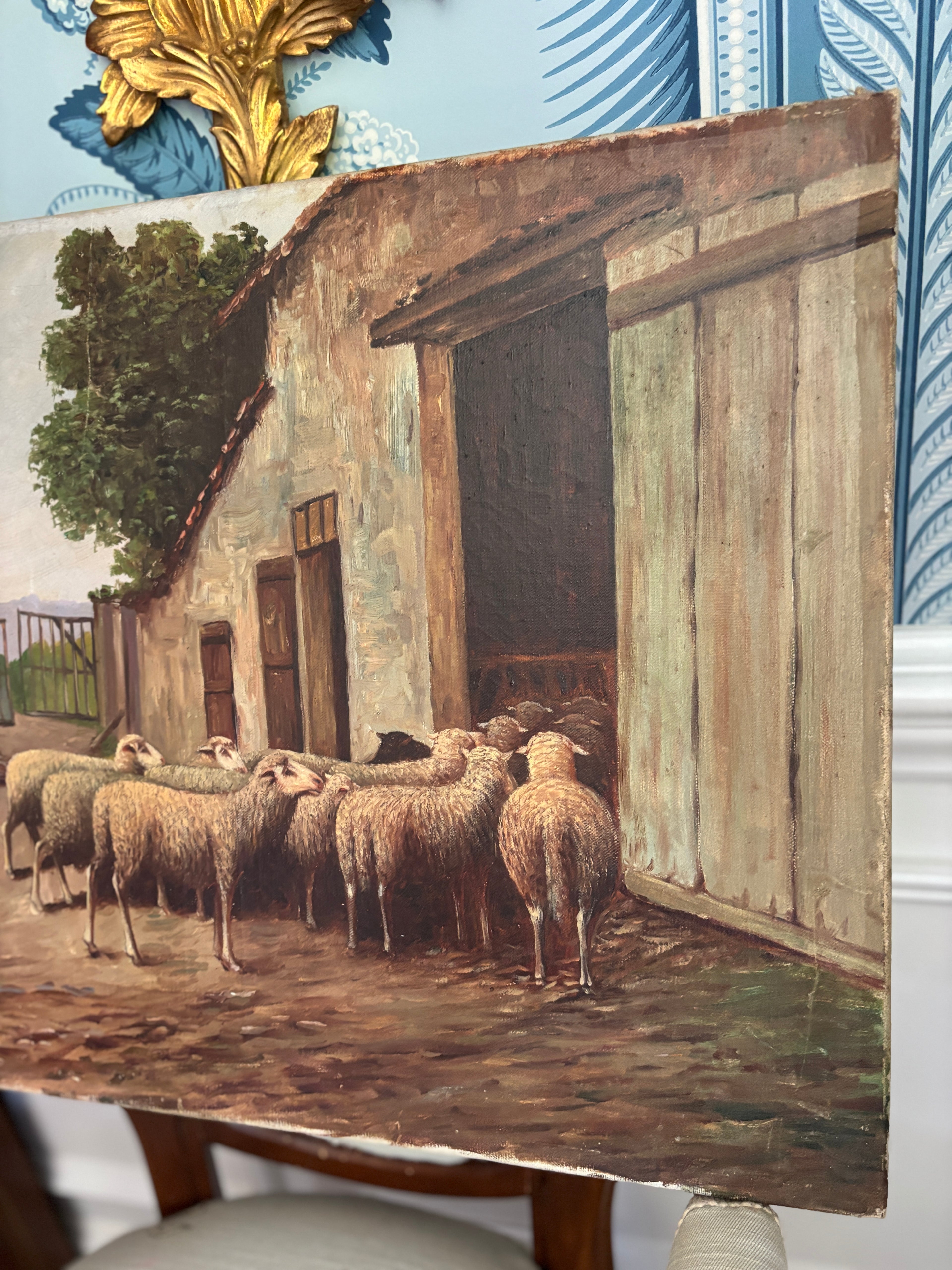 Early 20th century pastoral sheep oil painting