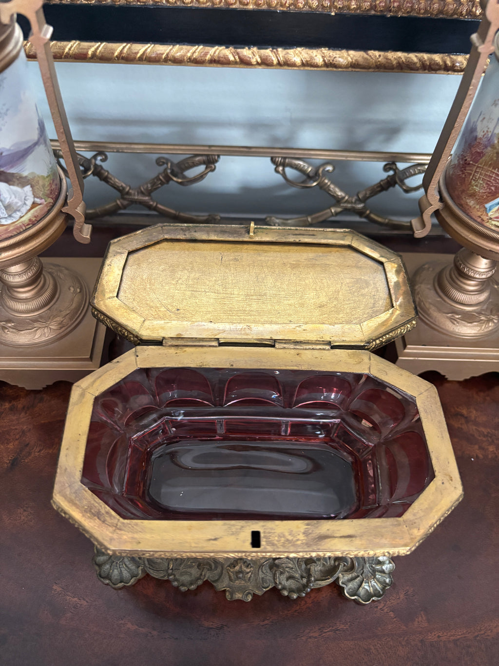 Antique Continental Cranberry Jewelry Casket
