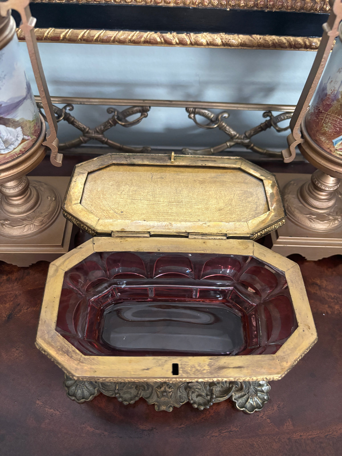 Antique Continental Cranberry Jewelry Casket