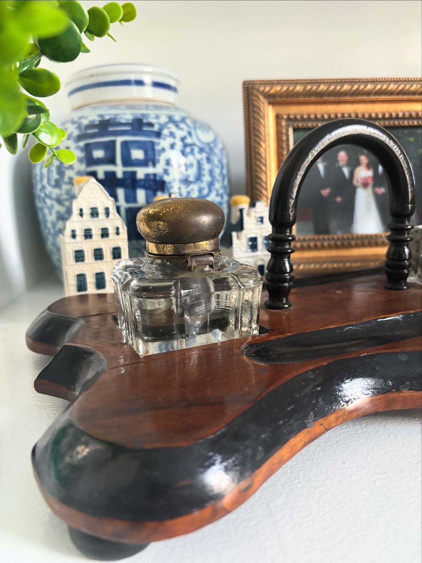 Antique Walnut & Brass Double Inkwell