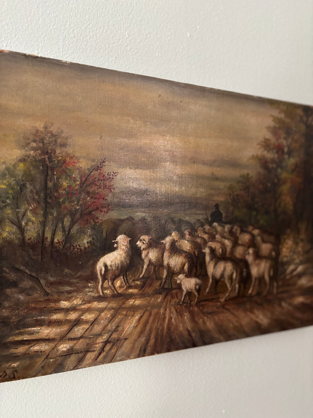 Antique pastoral sheep oil painting