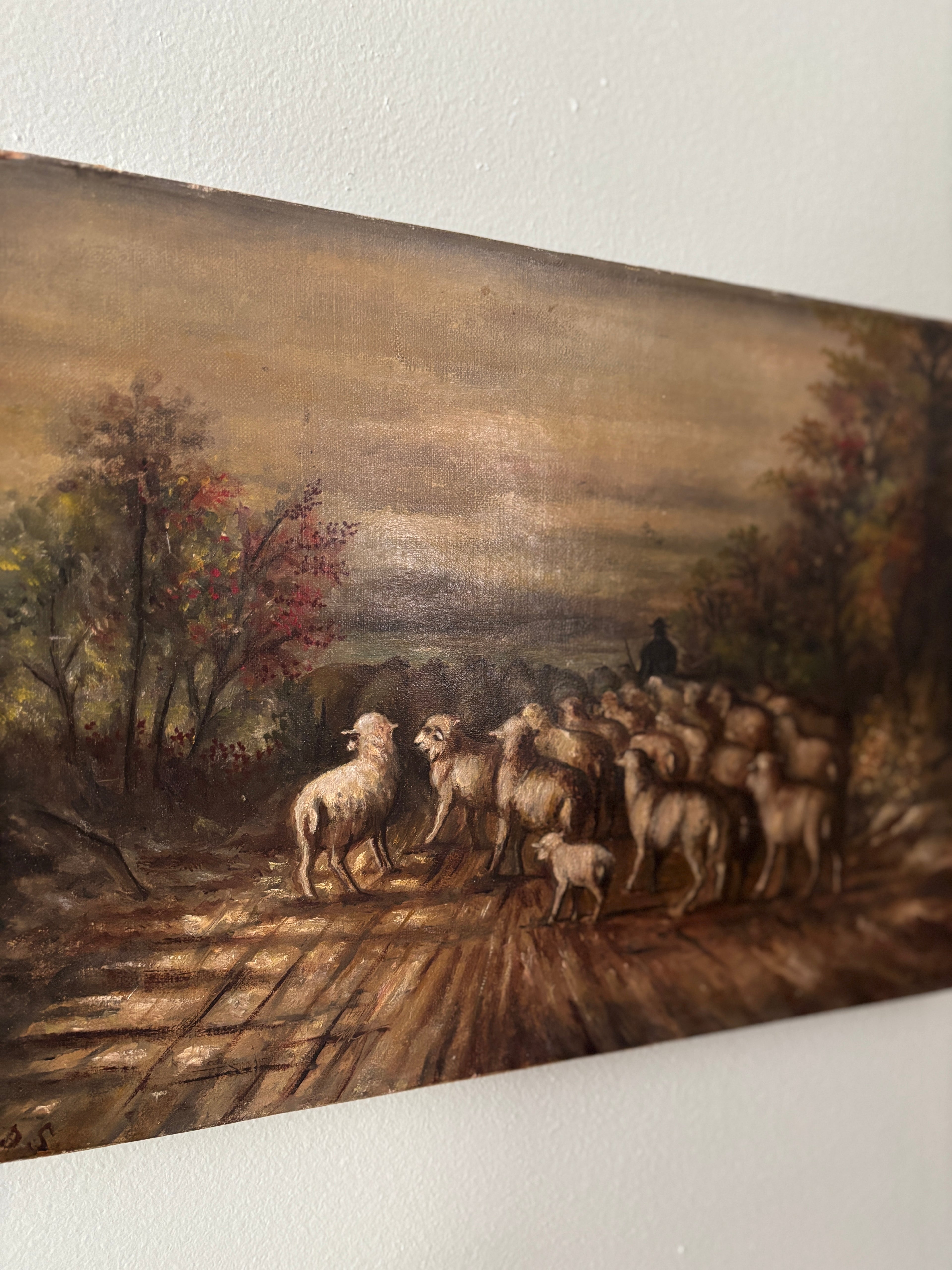 Antique pastoral sheep oil painting